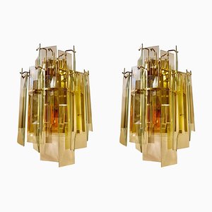 Wandlampen aus Glas & Vergoldetem Gold von Veca, Italien, 1980er, 2er Set