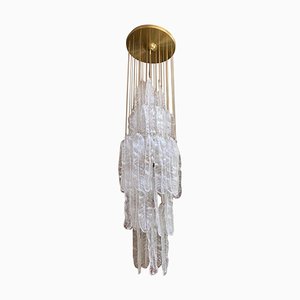 Lámpara colgante con estructura dorada con hojas Ice Frost de cristal de Murano de Mazzega, Italia, años 70