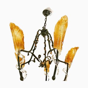 Gold Murano Glss & Black Metal Structure Chandelier, Italy, 1989