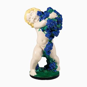 Autumn Putto with Grapes in Ceramic attributed to Michael Powolny, Vienna, 1890s