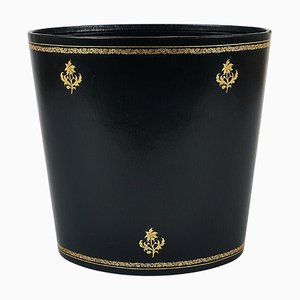 Französischer Papierkorb aus schwarzem & goldenem Leder, 1970er