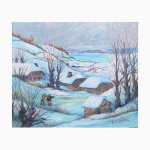 William Samuel Horton, Figures on a Path in a Winter Landscape with Cottages Beyond, Possibly Gstaad, Pastel on Paperboard, 20th Century