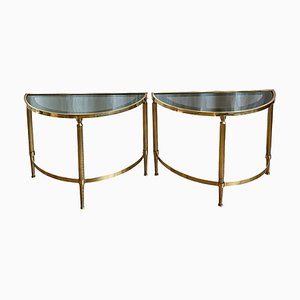 Halbrunde Mid-Century Beistelltische aus Messing & Rauchglas, 1970er, 2er Set