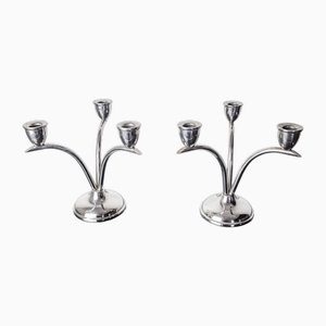 Art Deco Stainless Steel 3-Flame Candlesticks, Spain, 1970, Set of 2