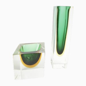 Murano Glass Sommerso Vase and Bowl, Set of 2