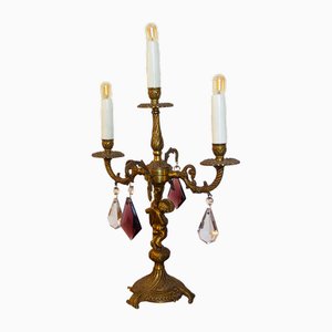 Vintage Bronze Candelabra Table Lamp with Purple Crystals, 1930s