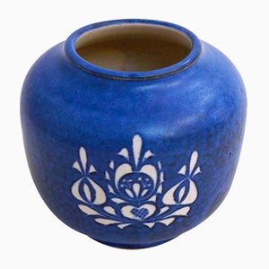 Small Blue Vase with White Decor in Matte Earthenware from Thoms Keramik, 1960s