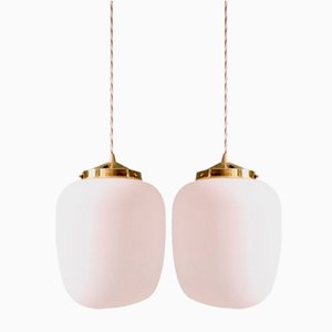 Scandinavian Pendant Lights in White Satin Glass, 1960s, Set of 2
