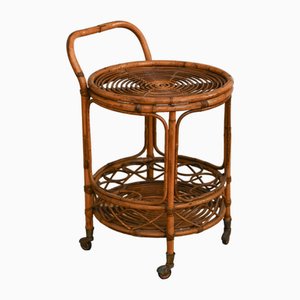 Bamboo Cane Cart and Circular Side Table, 1960s, Set of 2