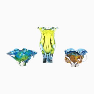 Czech Glass Vase and Bowl by Josef Hospodka for Sklarny Chribska, 1960s, Set of 3