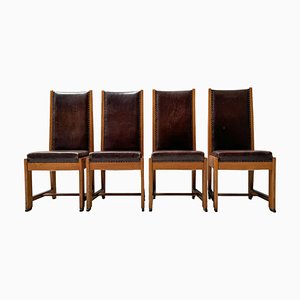 Art Deco High Back Chairs in Leather, 1920s, Set of 4