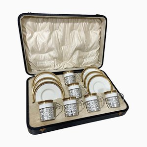 Coffee Cups and Saucers with Silver Cup Holders attributed to Walker & Hall for Wedgwood, 1919