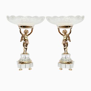 French Silver Plate Cherub Comports Rock Crystal Statues, Set of 2