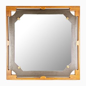 Italian Teakwood & Black Skai Wall Mirror, 1960s