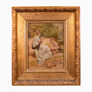 Artiste victorien, scène romantique, années 1890, impression sur verre convexe, encadré