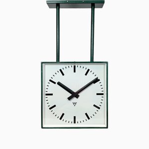Large Industrial Square Double Sided Factory Ceiling Clock from Pragotron, 1970s