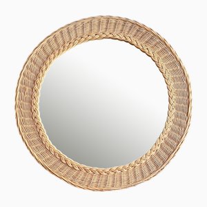 Vintage Round Wall Mirror with Wicker Frame, 1970s