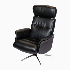 Swivel Lounge Chair in Black Leather & Aluminum, 1970s