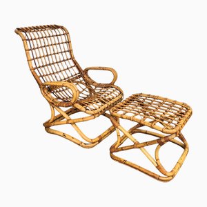 Set of Italian Bohemian French Bamboo Rattan Riviera Lounge Chair & Ottoman by Tito Agnoli, 1960s