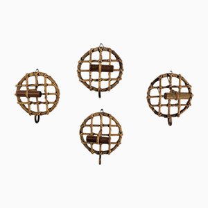 Bohemian Italian Bamboo Rattan French Riviera Wall Coat Hangers by Tito Agnoli, 1960s, Set of 4