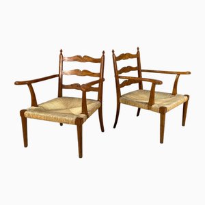 Mid-Century Modern Italian Armchairs in Woven Straw and Wood, 1940s