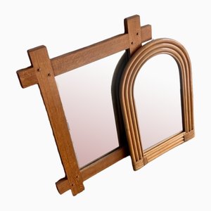 Miroir en Bois avec Cadre en Osier et Bambou, 1970s