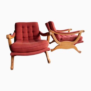 Set of Red Fabric and Wooden Club Chairs with Soft Lined Design