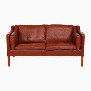 2-Seater Sofa Model No. 2212 in Cognac Colored Leather on Legs of Cherry Wood by Børge Mogensen, Denmark, 1990s