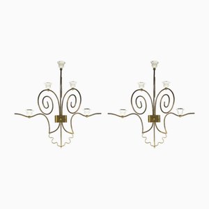 Mid-Century Italian Sconces in White Metal and Brass, Set of 2