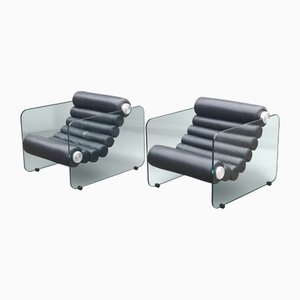 Set of Leather and Glass Hyaline Armchairs by Fabio Lenci for Stendig, Italy, 1960s