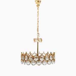 Lustre en Laiton Doré et Cristal par Palwa, 1970s