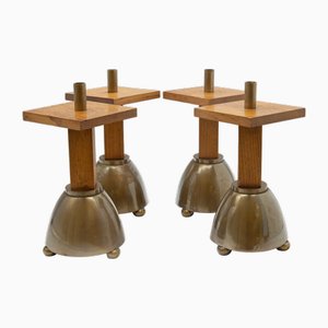 Brutalist Oak & Brass Candleholders, Set of 4