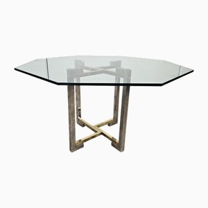 Tavolo Regency in metallo cromato e ottone con ripiano esagonale in vetro, 1970