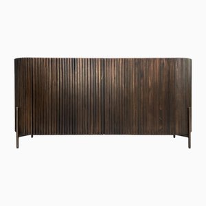 Brutalist Style Rounded Sideboard in Wood and Black Marble Top from Henri Paris
