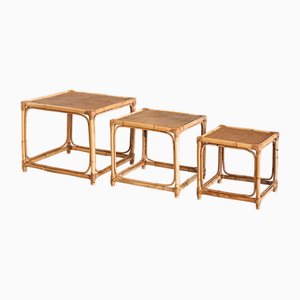 Tables Gigognes Vintage en Rotin, 1960s, Set de 3
