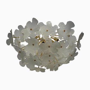 Murano Sputnik Halbkugelförmiger Kronleuchter und Hängelampe aus weißem Glas und Messing
