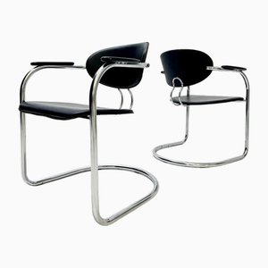 Sillas Cantilever italianas vintage de cuero sintético y madera negra de Effezeta, años 80. Juego de 2
