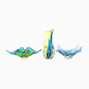 Vaso e scodella in vetro di Josef Hospodka per Sklarny Chribska, Repubblica Ceca, anni '60, set di 3