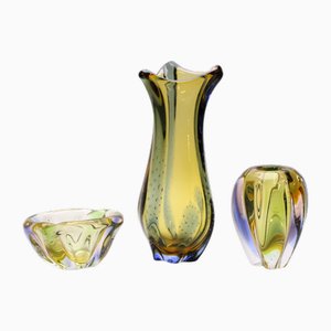 Glass Vase and Bowl by Hana Machovska for Mstisov, Czech, 1960s, Set of 3