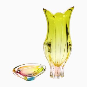 Vase et Cendrier en Verre par Josef Hospodka pour Sklarny Chribska, République Tchèque, 1960s, Set de 2