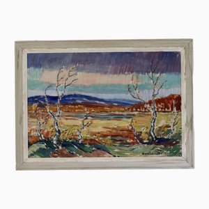 Gunnar Pettersson, Birches and Mountains, 1960s, Oil on Panel, Framed