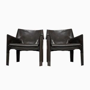 Cab-414 Armlehnstühle aus Grauem Leder von Mario Bellini für Cassina, 1980er, 2er Set