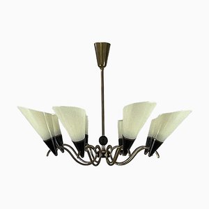 Scandinavian Opaline Glass and Brass Chandelier, 1950s