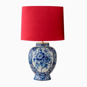 Large Wilhelmina Regina Delft Blue Table Lamp with New Red Velvet Lampshade