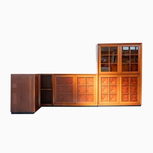 Mobile ad angolo modulare in ciliegio con ante in vetro intagliato e design Fox Hunt, anni '70, set di 4
