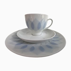 Blue Lotus Coffee Cup, Saucer and Breakfast Plate by Bjørn Wiinblad for Rosenthal Germany, 1980s, Set of 3