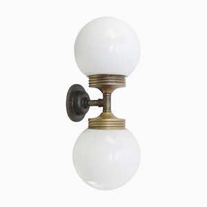 Vintage Cast Iron Double Sconce Wall Lamp in Opaline Glass and Brass