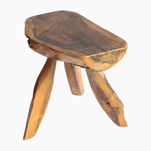 Brutalist Carved Wooden Tripod Stool with Bark, 1950s