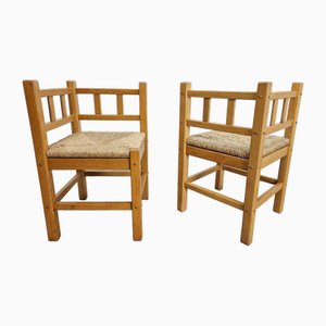 Set of Vintage Amsterdam School Natural Oak Rush Corner Chair, 1960s