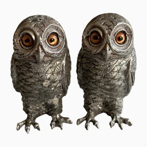 Vintage Owl Salt and Pepper Shakers Silver-Plated, Switzerland, 1970s, Set of 2